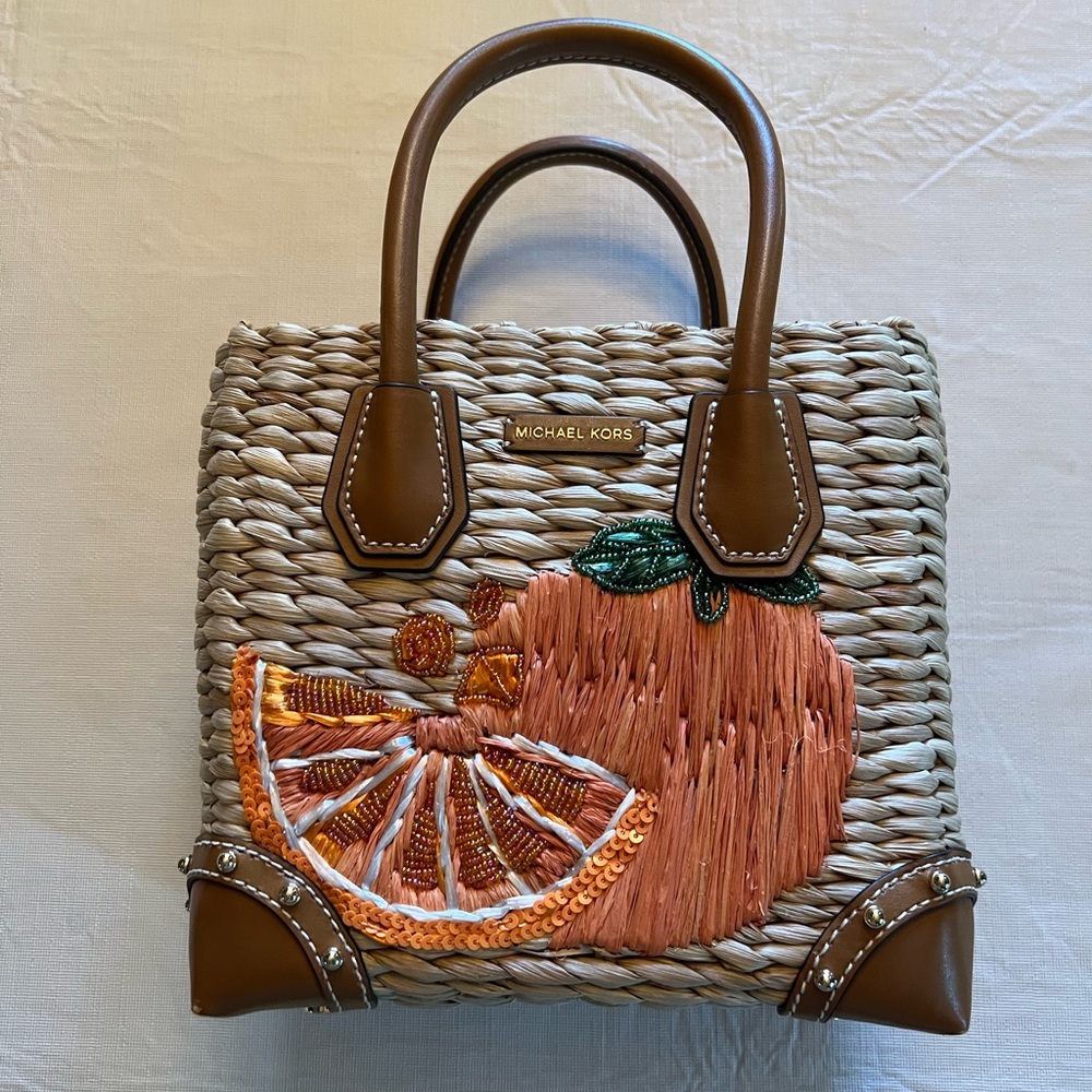 Michael Kors Orange Embroidered Wicker Top Handle Bag Purse w/ Crossbody Strap